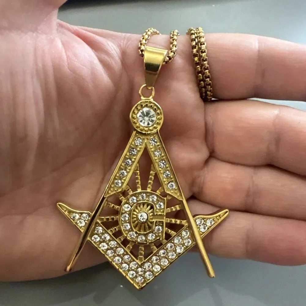 Free Mason Stainless Steel Freemason Symbol Masonic Pendant 24” Chain Gold Plate